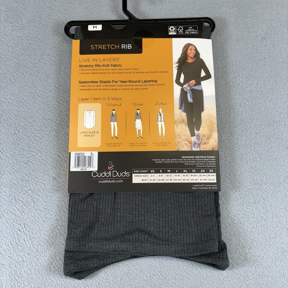 Cuddl Duds Stretch Rib Long Sleeve Henley Women's Medium Gray Warm Layer NWT - Picture 2 of 8